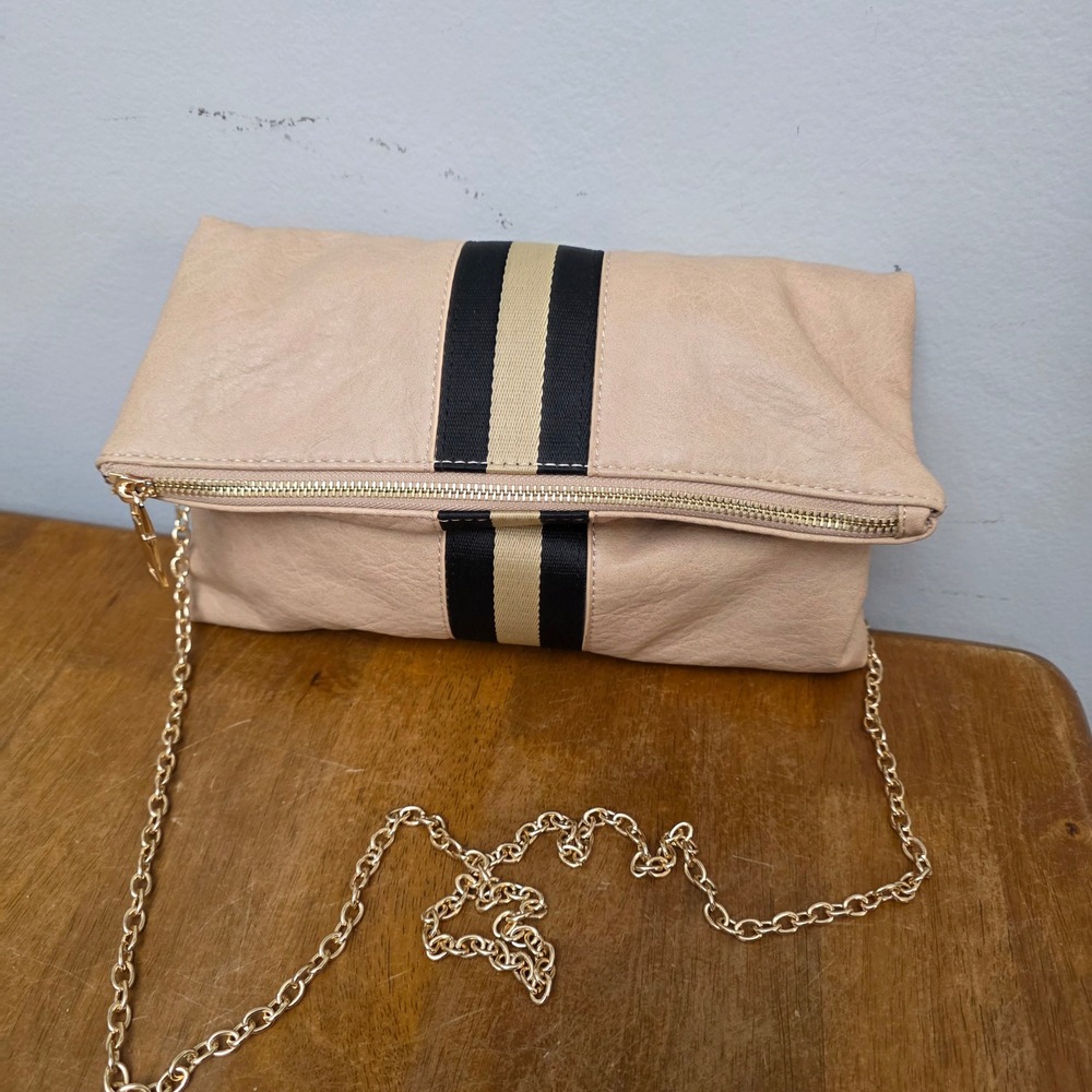Moda Luxe Beige Vegan Leather Foldover Crossbody Bag Purse Stripe‎ Gold Chain